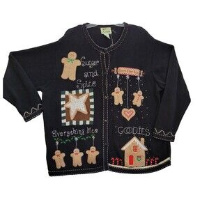 The Quaker Factory Cardigan 2XL Black Christmas Gingerbread Cookie Embellished